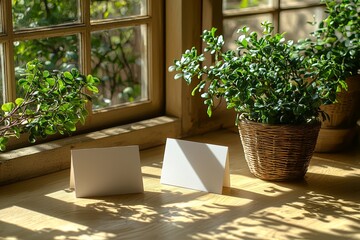 Poster - A blank paper sheet card with mockup copy space in flowers and shadows on a beige background. A flat lay, top view, minimal business brand template with realistic flowers.