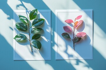 Poster - Vertical sheets of textured white paper on soft gray table background. Plant shadow overlay. Natural light casts shadows from exotic plants. Horizontal position.