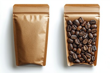 Poster - The top view of a brown kraft paper pouch bag with coffee beans isolated on a white background. A mockup packaging mockup for foods and goods. Packaging mockup for tea leaves, weight products, top