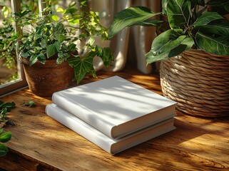 Poster - Two white books mockup on wooden table with hardcovers
