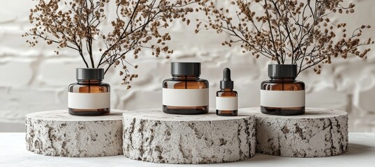 Fototapete - in this mockup background image, the podium is made from dry tree twigs and the white sand beach is 