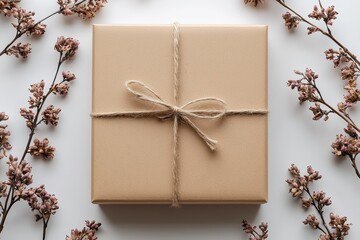 Poster - Box made of brown cardboard with dried brunches on top, decorated with a minimalism style