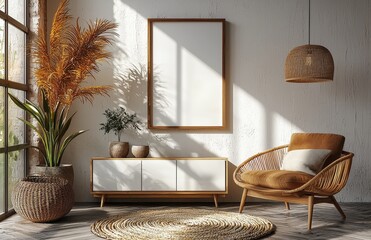 Poster - Blank picture frame mockup on white wall. White living room design. Modern Scandinavian interior with chair. Concept of home staging and minimalism.