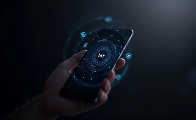 Poster - A businessman offers Internet of Things products and solutions. The young businessman chooses the abstract chip with the IoT text on the virtual display.