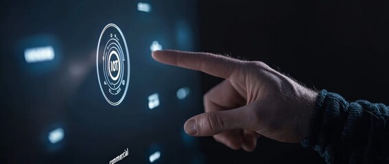 Leinwandbilder - Hand pressing the button on the screen of an Internet of Things device.