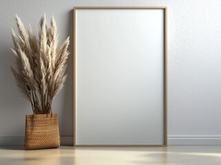 Poster - A vertical frame mockup is displayed on a wooden floor in a living room setting, with dried pampas grass, a woven basket, a blanket, and a tasseled pillow against a white wall. 3D rendering, 3D