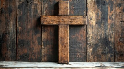 Wall Mural - Wooden cross on white wooden background with copy space. Christian symbols