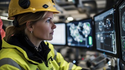 Fototapete - A modern factory with Industry 4.0 technology shows a female operator controlling a production line. She uses a computer screen showing complex interfaces on which on-screen displays show processes,