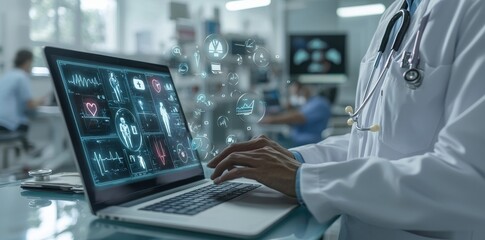 Aufkleber - AI technology in medical health science, telehealth, telemedicine service analyzing online patient health record information in hospital labs, emerging technologies in healthcare.