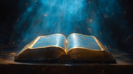 Wall Mural - Holy Bible. Open book on wooden table in dark room with rays of light coming from above