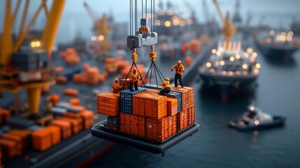 Poster - Offshore logistics team efficiently coordinating the delivery of supplies and cargo to an industrial offshore site seasoned maritime workers loading cargo ships