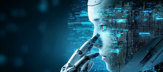 Poster - In the smart city's digital realm, a metaverse with a 3D AI stock robot engineer ensures digital technology security, sustainable energy, and a futuristic interface against a city backdrop.
