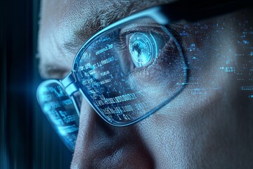 Poster - A software developer or hacker wearing glasses is seated at his desk, working on a futuristic transparent computer in a digital identity cybersecurity data center, engaged in hacking or programming.