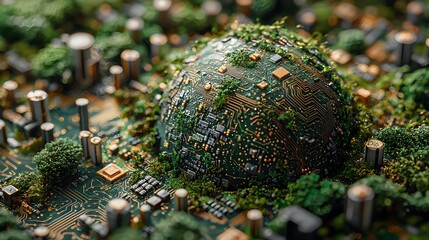Poster - sustainable earth powered by futuristic circuit board patterns blending technology and nature for a 