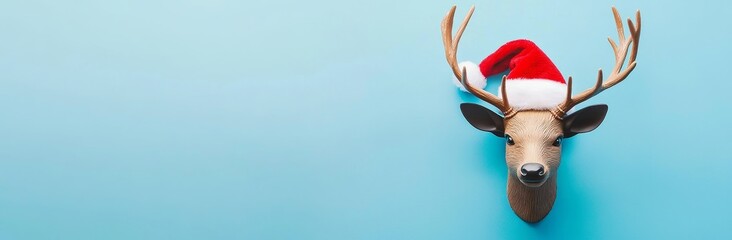 Aufkleber - An adorable reindeer dressed in Santa hats on a light blue background, 3D rendering.
