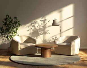 Aufkleber - 3D rendering of modern living room with two white armchairs and sofa. Beige home interior with minimalistic furniture.