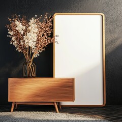 Poster - An empty white mockup picture frame on a wooden console with dry plants and a lamp on top 3D Rendering, 3D Illustration