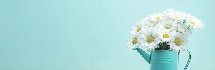 Poster - 3D Illustration, 3D Rendering of beautiful chamomile flowers in a blue watering can on a turquoise background. Fresh white flowers. Spring concept background. 3D Rendering, 3D illustration of