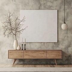 Poster - Three-dimensional rendering of an empty white picture frame on beige wall, with lamp and dry plant decoration on a modern wooden commode.