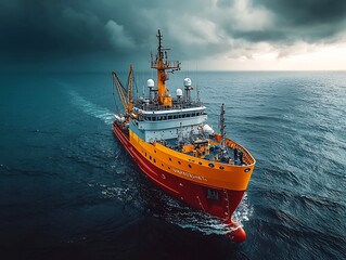 Poster - Aerial view of a large scientific research vessel navigating across a vast expanse of deep blue ocean