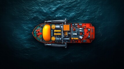Poster - Aerial perspective of a powerful offshore seismic survey vessel equipped with multiple cranes and cutting edge marine instrumentation
