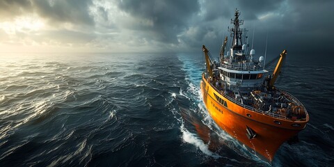 Poster - Overhead view of a state of the art seismic survey ship equipped with an array of specialized sensors and instruments