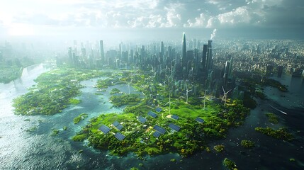 Poster - aerial perspective of earth s surface showcasing sustainable green energy systems with solar farms w