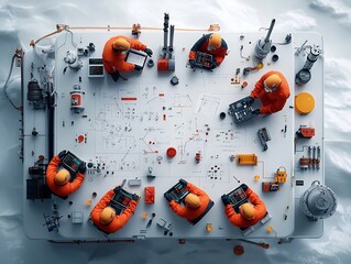 Poster - Team of offshore oil and gas workers collaboratively analyzing complex project schematics and plans on a state of the art floating production platform utilizing advanced control panels