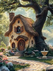 Wall Mural - A whimsical fairy-tale style rabbit cottage with a thatched roof round windows and a courtyard with a grand oak tree in warm beige and light brown hues