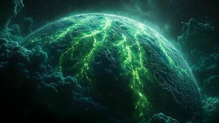 Poster - glowing green veins of sustainable energy resources flowing through a digital of the planet earth re