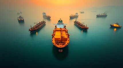 Poster - Aerial view of a thriving offshore oil terminal with a fleet of sleek tankers and supply vessels docked in the calm waters creating a bustling hub of industrial activity captured in a cinematic