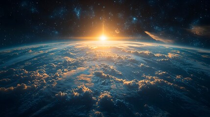 Poster - giant wind turbines orbiting around the earth generating clean renewable energy for the green planet