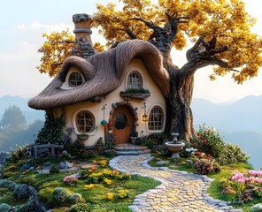 Wall Mural - A whimsical fairy-tale style rabbit cottage with a thatched roof round windows and a courtyard with a grand oak tree in warm beige and light brown hues