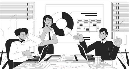 Fototapete - Multiracial team brainstorming black and white line illustration. Sharing colleagues office presentation graph 2D characters monochrome background. Woman leader male coworkers outline vector image
