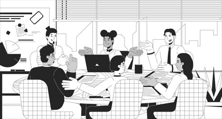 Poster - Successful roundtable discussion black and white line illustration. Negotiating team colleagues 2D characters monochrome background. Diverse coworkers at round table brainstorming outline vector image
