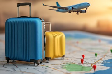 Two suitcases on map with pins and plane flying above