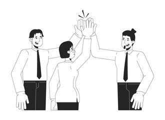 Fototapete - High five office workers colleagues linear illustration. Highfive teamwork. Cooperation teammates multiracial coworkers support 2D line characters isolated on white. Monochrome vector outline image