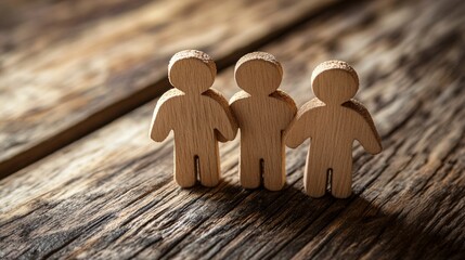 Poster - Three wooden figures holding hands on rustic wood background symbolizing unity and teamwork