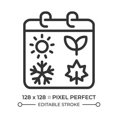 Wall Mural - Seasonal cycle linear icon. Four seasons. Sun for summer. Sprout for spring. Snowflake for winter. Maple leaf for fall. Thin line illustration. Contour symbol. Vector outline drawing. Editable stroke