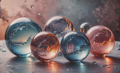 Poster - Group of glass spheres with water inside. The spheres are of different colors and sizes. The water inside the spheres is reflecting light, creating a beautiful and unique effect
