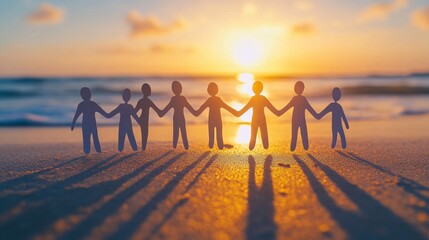 Poster - Paper chain of people holding hands on beach at sunset symbolizing unity and teamwork