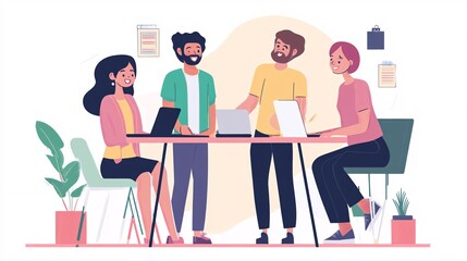 Poster - Office workers using laptops and collaborating on a project