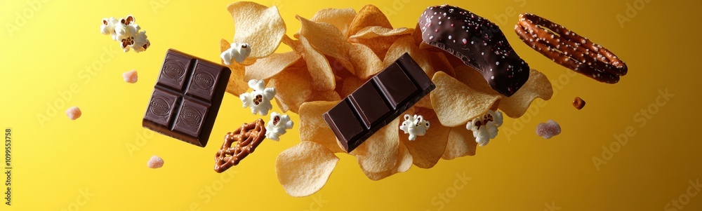 Many different types of snacks and snacks that are flying, falling ...