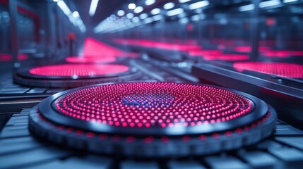 Poster - Futuristic Concept of Advanced Technology with Illuminated Circular Panels in a High-Tech Environment Featuring Vibrant Red LED Lights