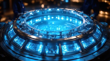 Poster - Futuristic Sci-Fi Portal with Glowing Blue Lights and Intricate Technology in a Darkened Setting, Evoking a Sense of Mystery and Adventure