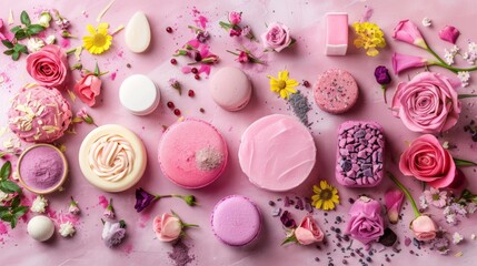 Wall Mural - Pink macarons and floral decor on a pastel pink background