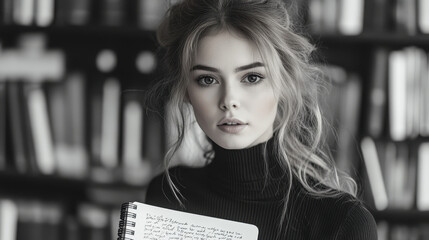 Poster - Young Businesswoman Writing Ideas in Notebook Using Laptop in Modern Office