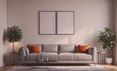 Poster - Living room with a couch and two potted plants. The couch is gray and has orange pillows. There are two empty picture frames on the wall