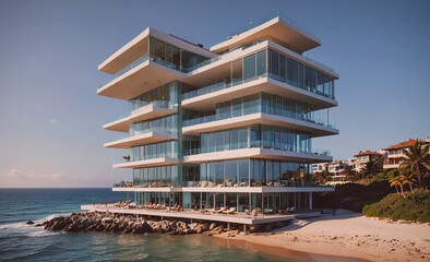 Poster - Large building with a lot of windows and a balcony. The building is on a beach. There are several people walking on the beach