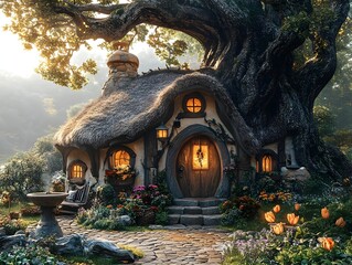 Wall Mural - A whimsical fairy-tale style rabbit cottage with a thatched roof round windows and a courtyard with a grand oak tree in warm beige and light brown hues